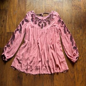 ReMixed Free People Hand Embroidered Boho Floral Rust Mini Dress | Size S